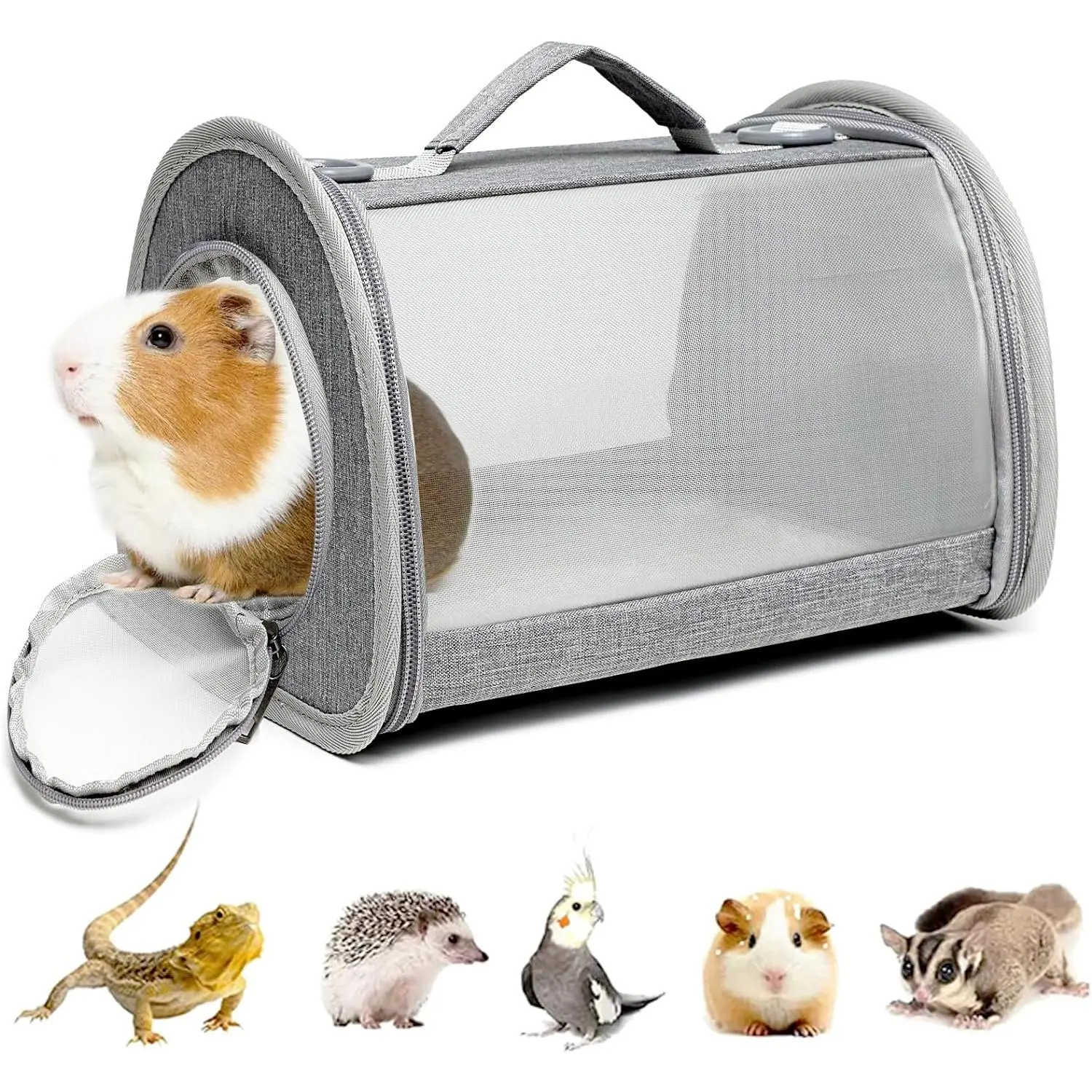 Small Animal Breathable Travel Handbag Carrier with Zipper, Mesh Panel, Side-Opening Mesh Door, Wear-Resistant Buckle, Strong Bearing Capacity, Food-Storage Pocket, Foldable Bowls for Guinea Pigs, Rabbits