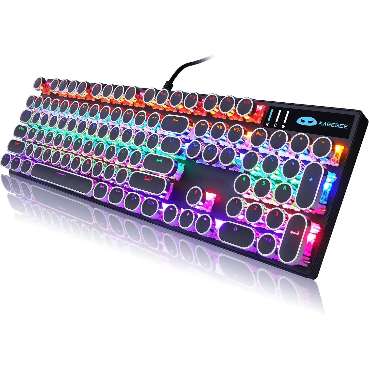 Typewriter Style Mechanical Gaming Keyboard, Black Retro Punk Gaming Keyboard with RGB Backlit, 104  Blue  Wired Cute Keyboards, Round Keycaps for Windows//PC