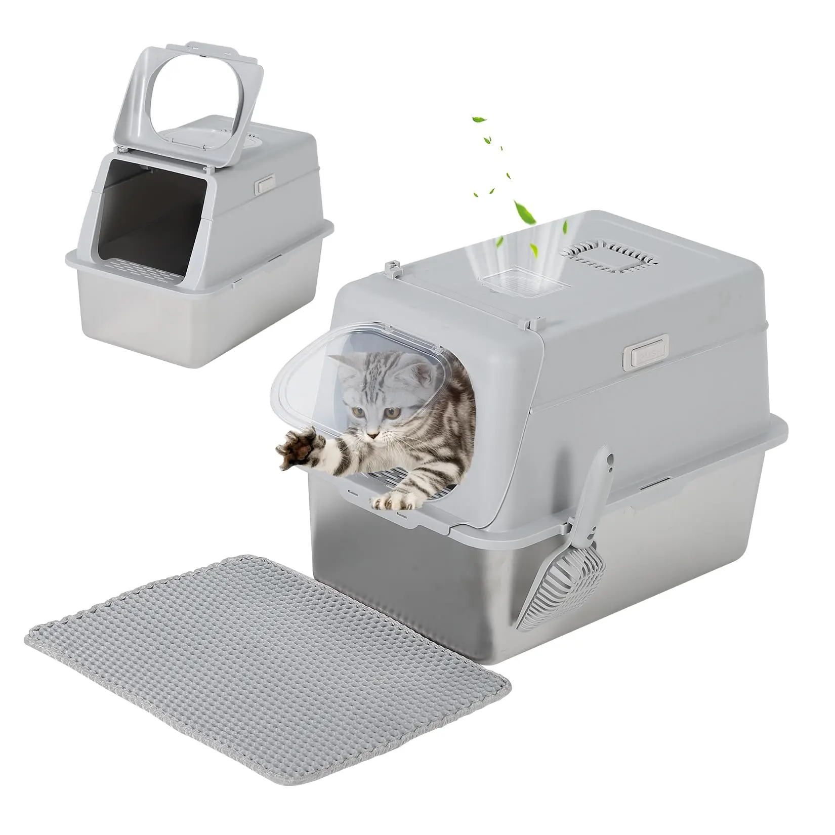 XL Stainless Steel Cat Litter Box with Lid for Big Cats - 24" Extra Large Metal Litter Box, Odor Resistant & Non-Stick, with Mat & Scoop