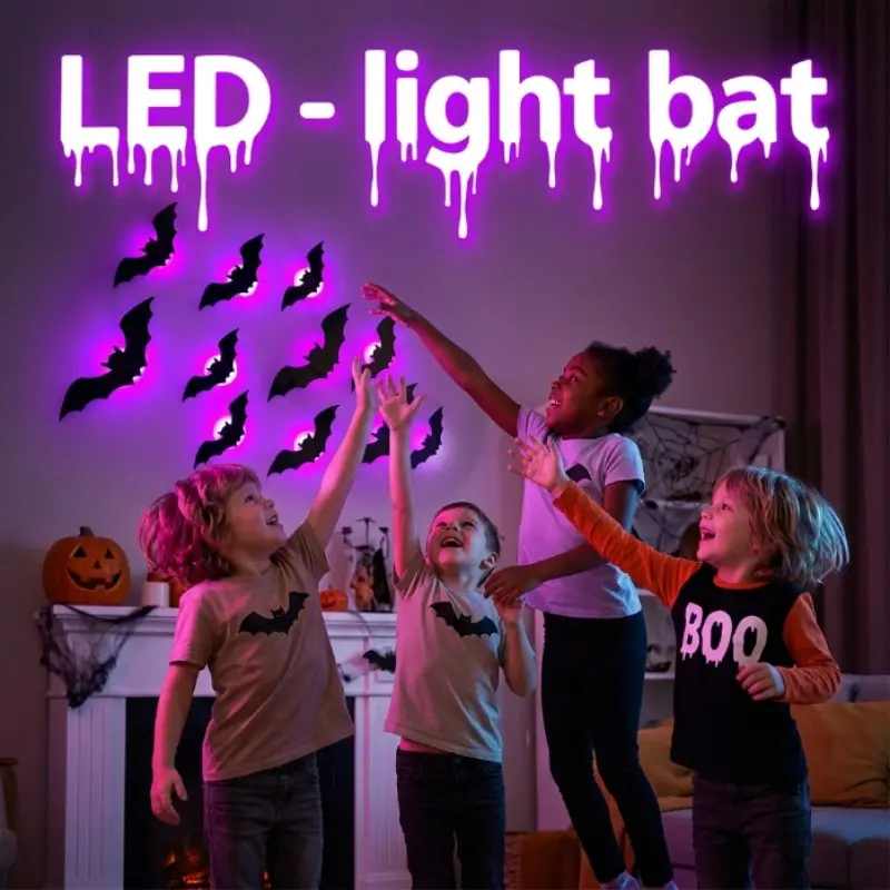 LED Bat Wall Decals Halloween Room Setup, 12pcs Peel & Stick, Adults Spooky Season Decor, Decoration Items, Easy to Apply, Perfect for Halloween Parties