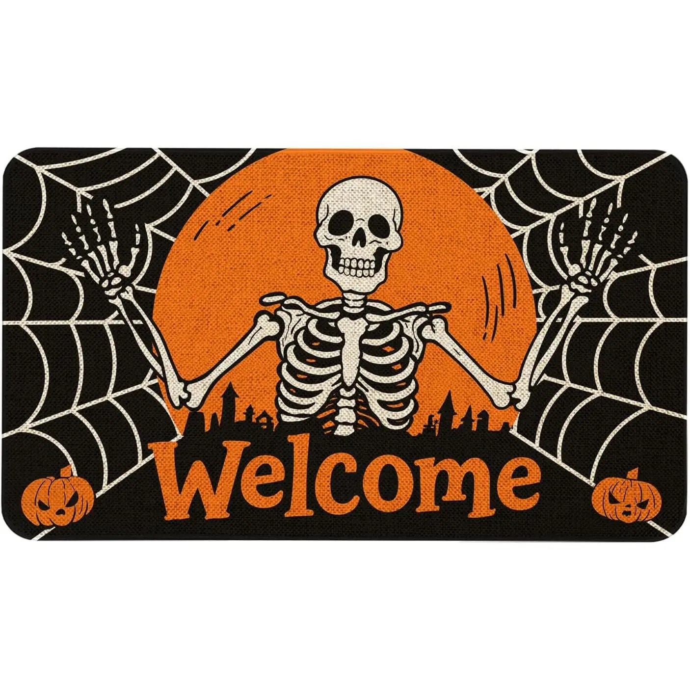 Halloween Skeleton Welcome Doormat with White Lettering - Spooky Skull Design, Non-Slip, Washable Indoor-Outdoor Entrance Floor Mat for Halloween Decor, White Lettering Doormats