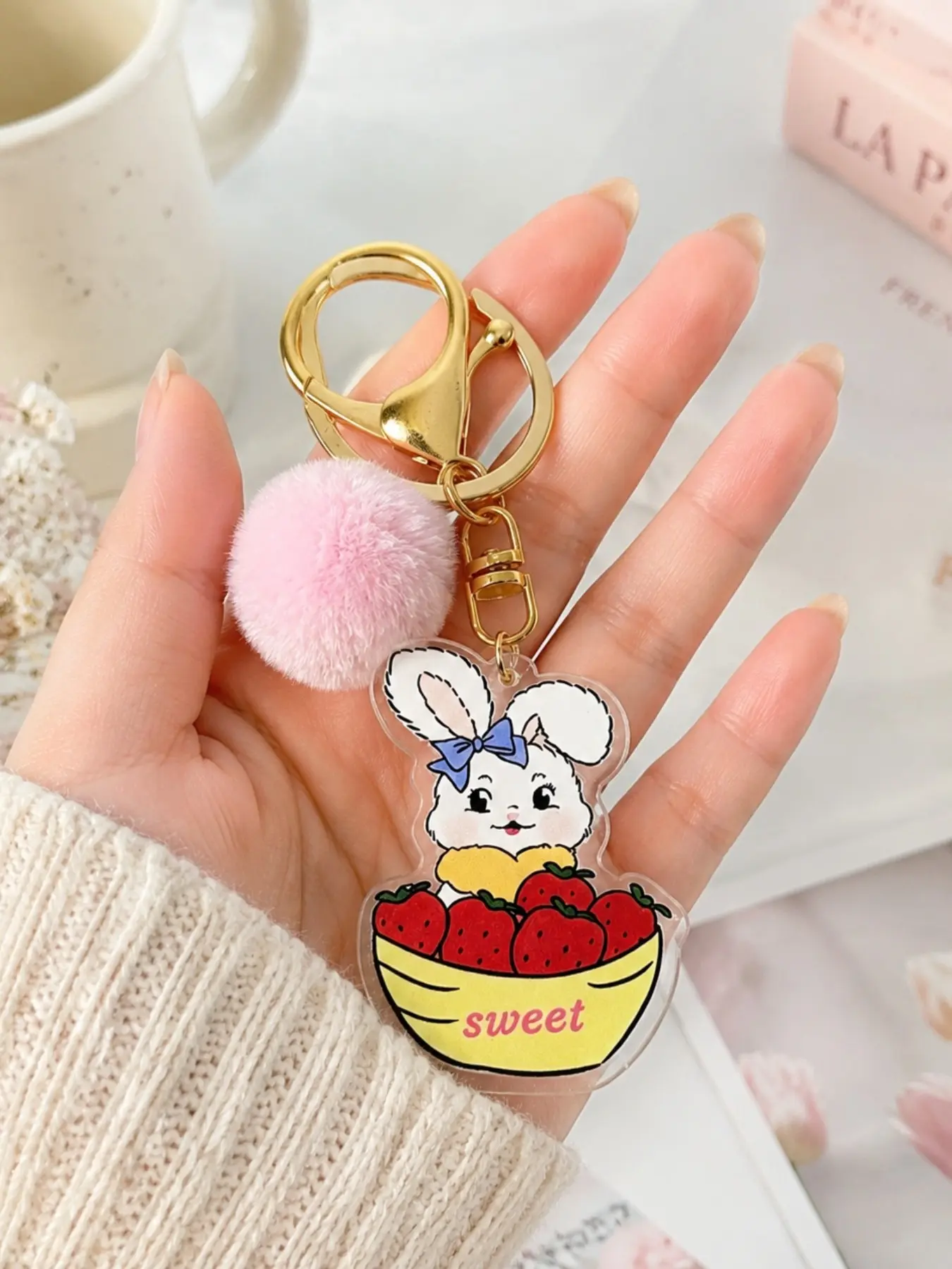 1pc Cute Strawberry Bunny Keychain Plush Ball Animal Keychain Perfect Handbag Accessory for Women and Girls Ideal DIY Jewelry Gift