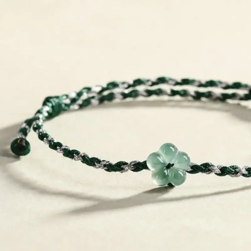 Jade Flower Bracelet - Handmade Braided Bracelets & Bangles, Green & White Cord with Sliding Knot, Handwoven Stone Charm, Lucky Minimalist Jewelry for Couples, Exquisite Bracelet, High Quality Bracelet
