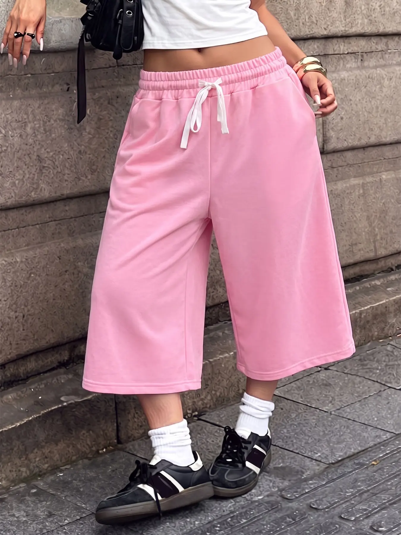 Y2K Style Women's Casual Athleisure Track Pants 7/8 Sweatpants, Solid Pink, Elastic High Waist, Off-White Contrast Drawstring, Loose Wide-Leg Cut, 7-8 Length, Soft French Cropped Jogger Pants, Deep Side Pockets, Hip-Hop Bottoms