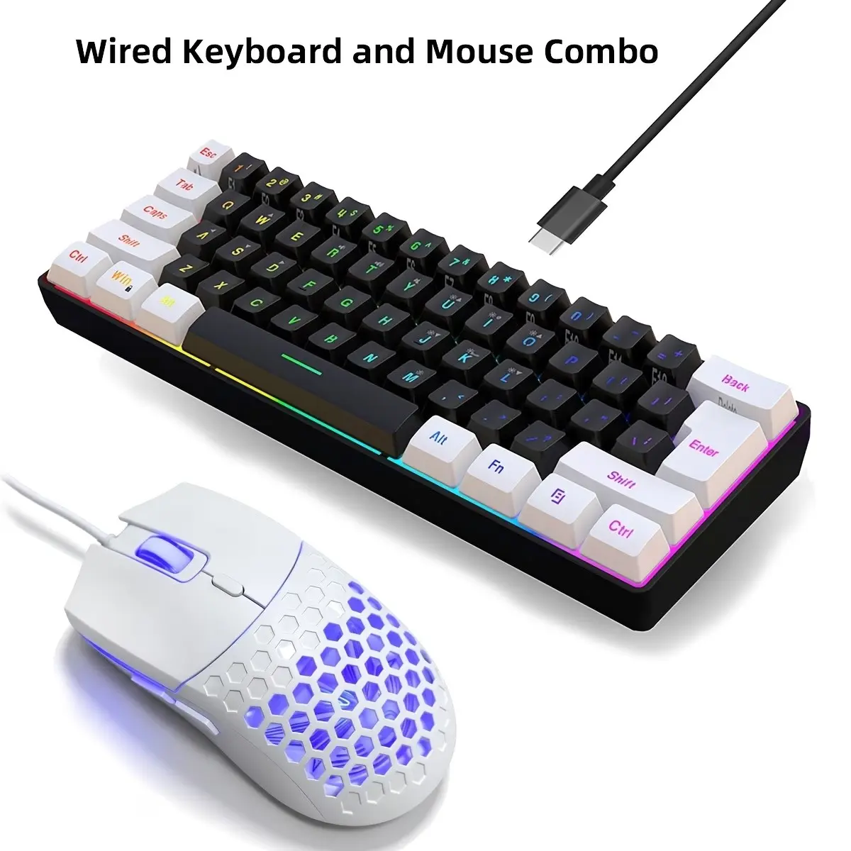 Wired Keyboard And Mouse Combo, 61-Key Membrane Keyboard with Colorful Backlight, 6-Button Wired Optical Mouse, USB Plug And Play for Home Office Use, Gaming Setup Accessories