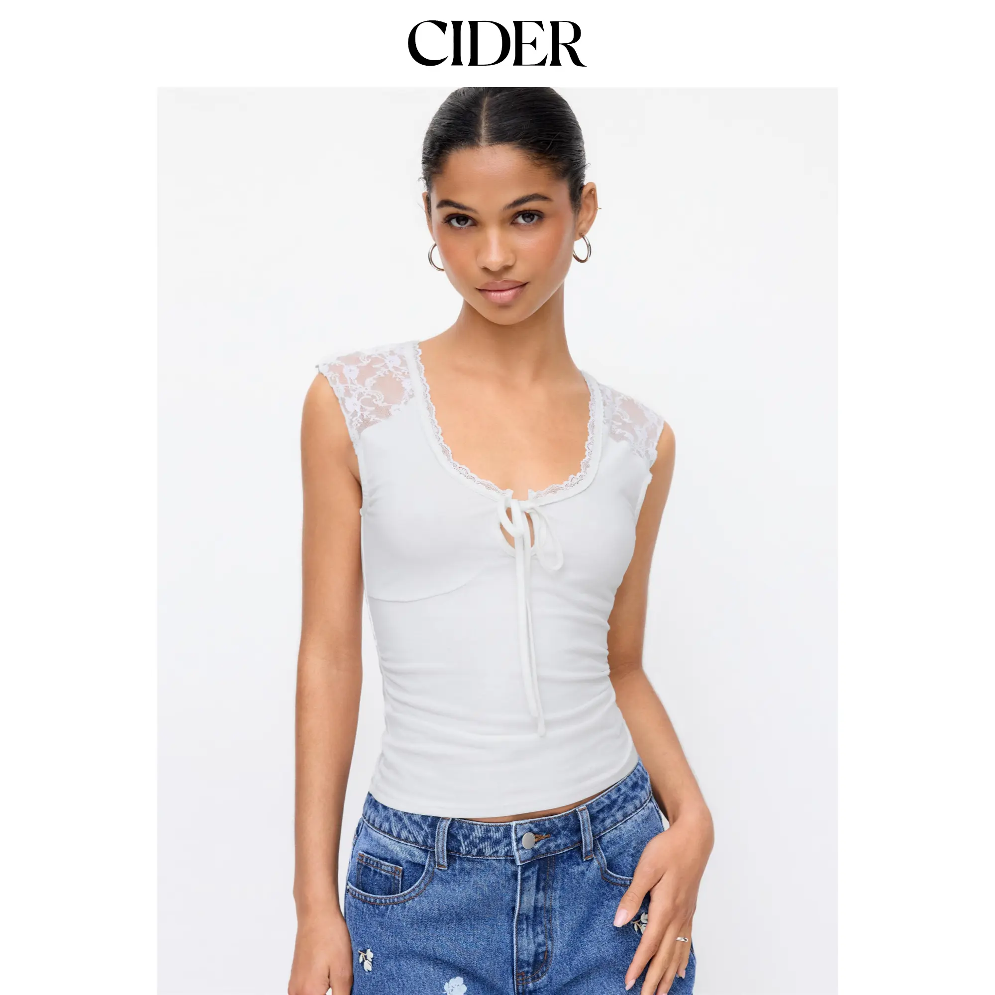 Cider Cotton-blend Scoop Neck Lace Panel Tie-front Tank Top SummerWins SummerFinds