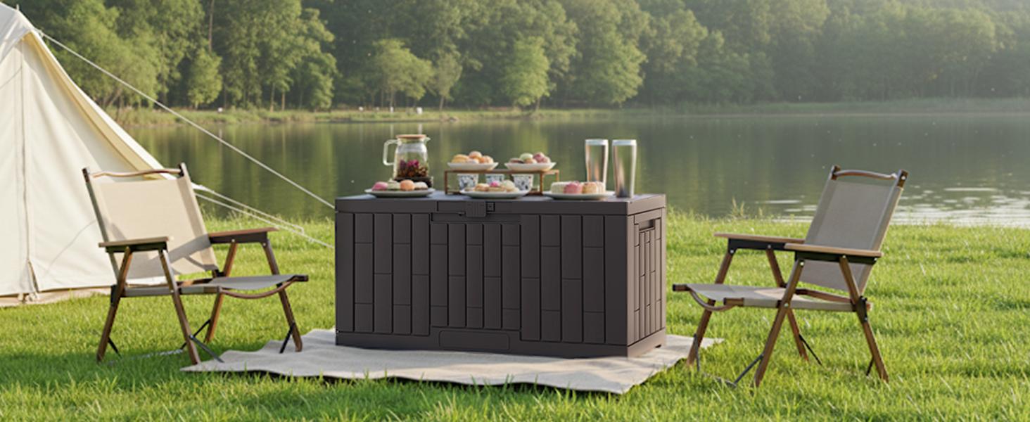 60 Gallon Deck Box, Waterproof Outdoor Storage Box with Lockable Lid, Patio Furniture Bench & Side Table, Outside Storage Container, Tool-Free Assembly, for Garden, Pool, Brown