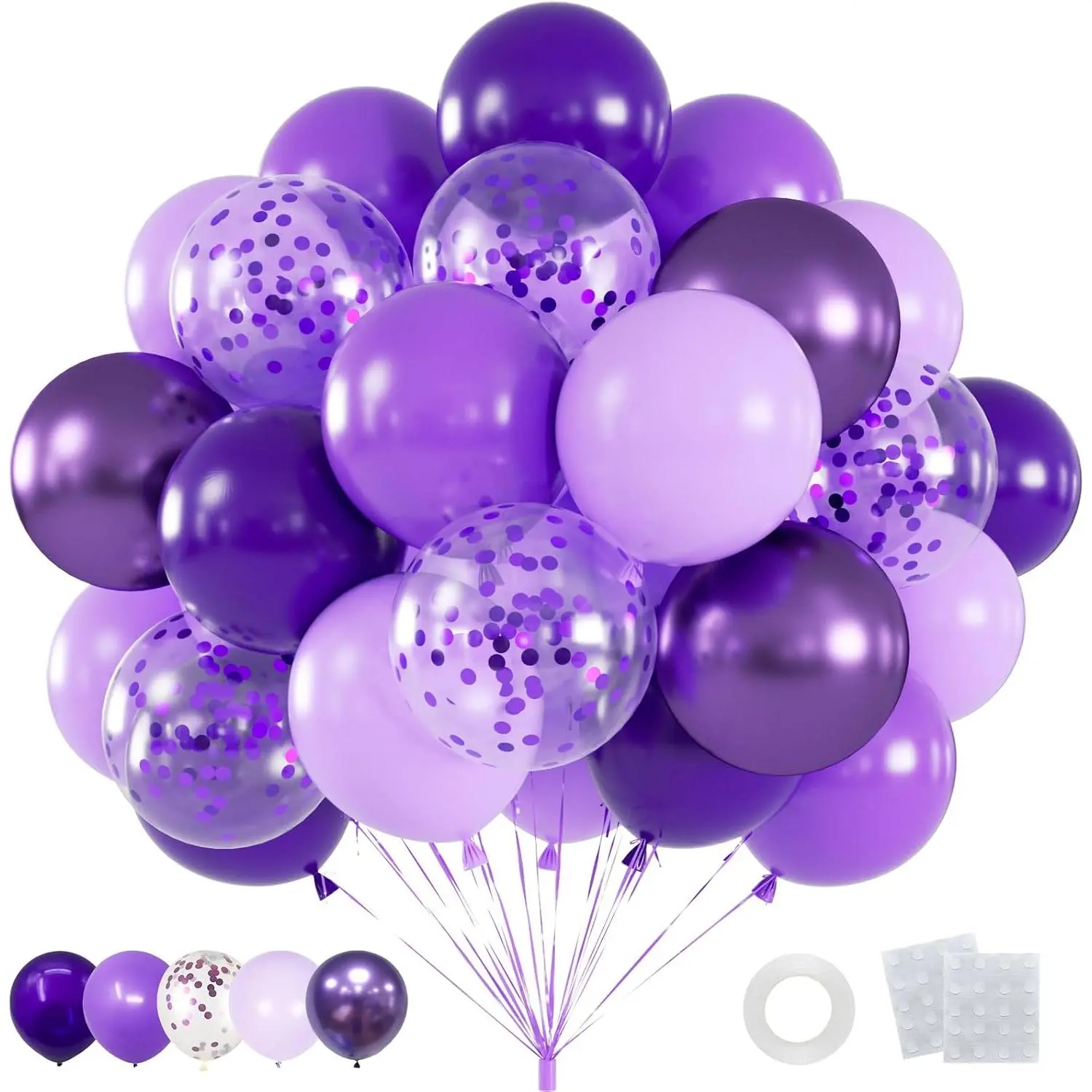 60 count 12inch Metallic & Pastel  Confetti Balloons Kit – Includes Dark , Lavender, Confetti Balloons for Wedding,  Shower, Birthday, Graduation Decorations