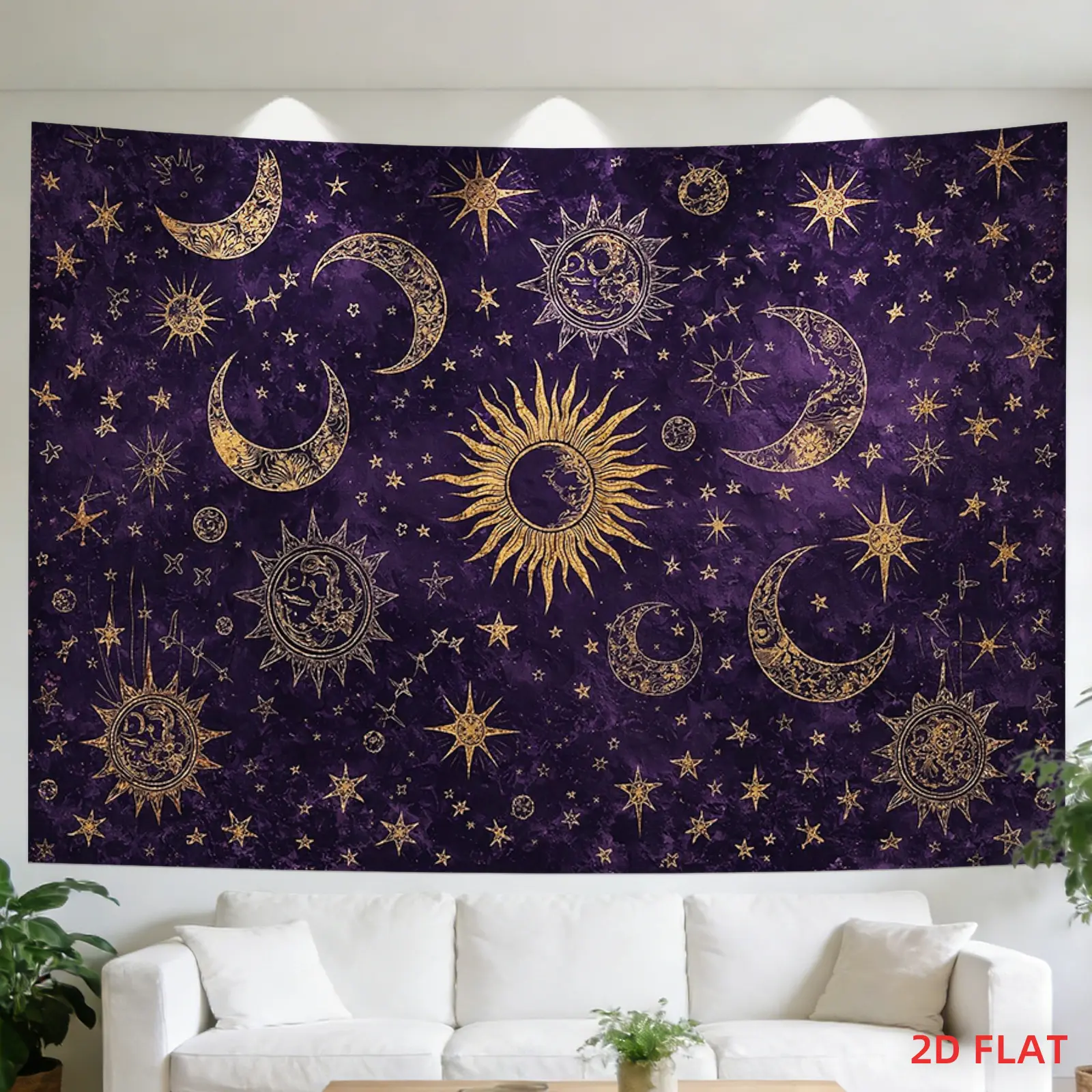 Boho Sun Moon Tapestry Wall Hanging - Smooth, Lightweight Celestial Decor with Purple Galaxy, Starry Night, Golden Crescent Prints for Bedroom, Meditation Space, Spiritual Hippie Home Wall Art