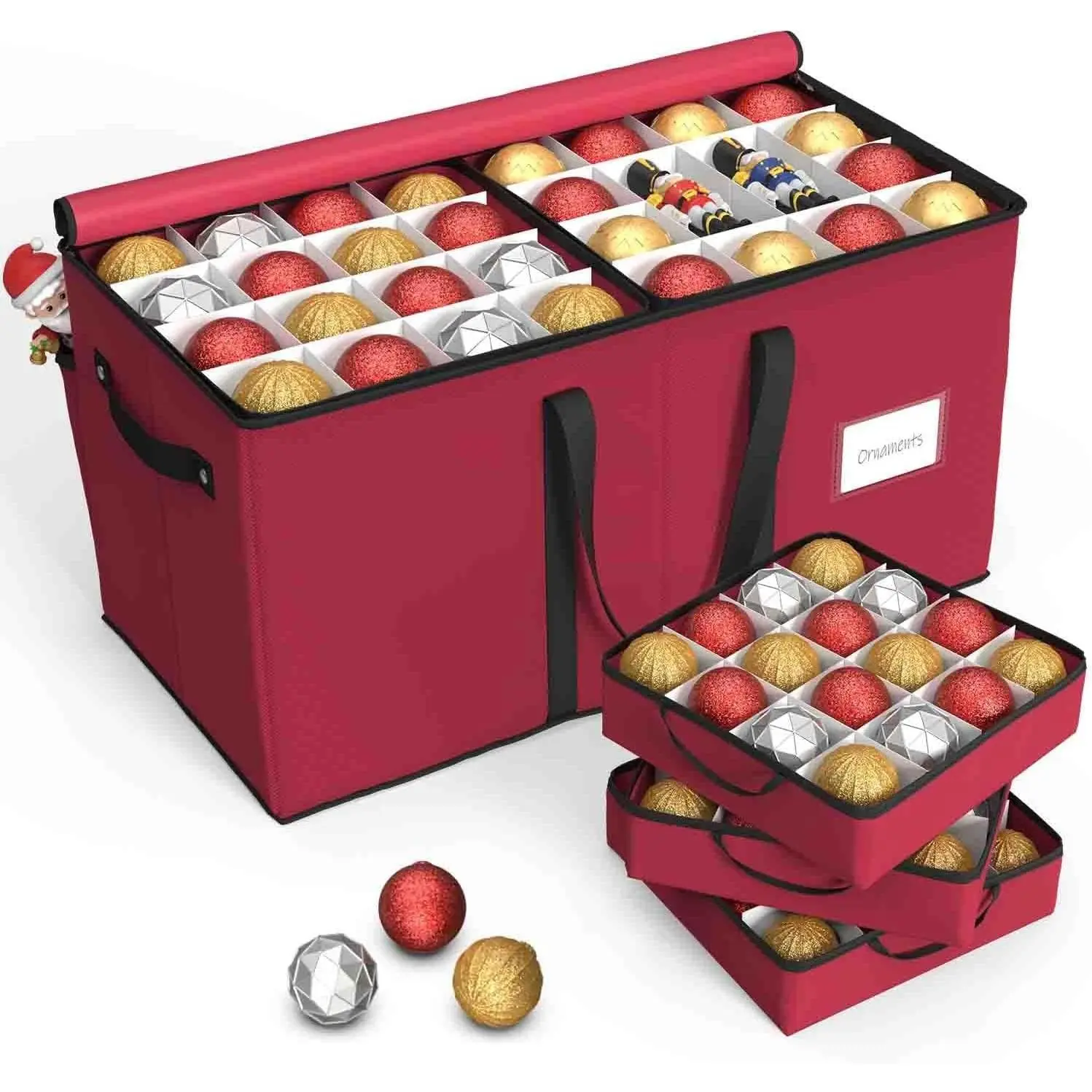 Christmas Ornament Storage Box with 8 Trays, Fits 128 Holiday Ornament, Adjustable Dividers, Dual Zippers, 600D Oxford Christmas Decorations Storage Container (Rose Red)