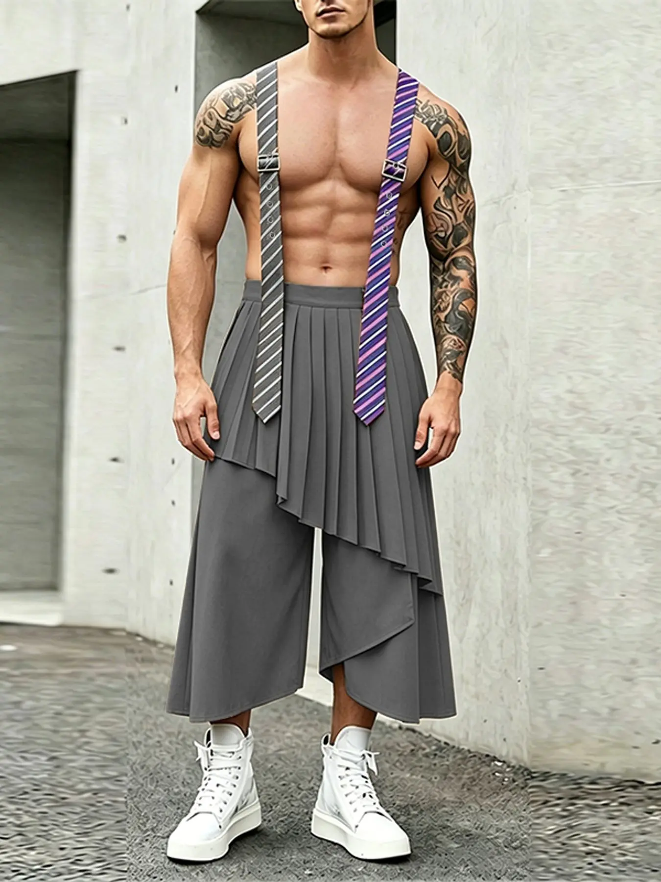 INCERUN Men's Casual Fashion Bib Wide Leg Pants, Striped Shoulder Strap Pleated Layered Design, Perfect for Daily Wear, Stylish and Comfortable, Casual Comfy Pants