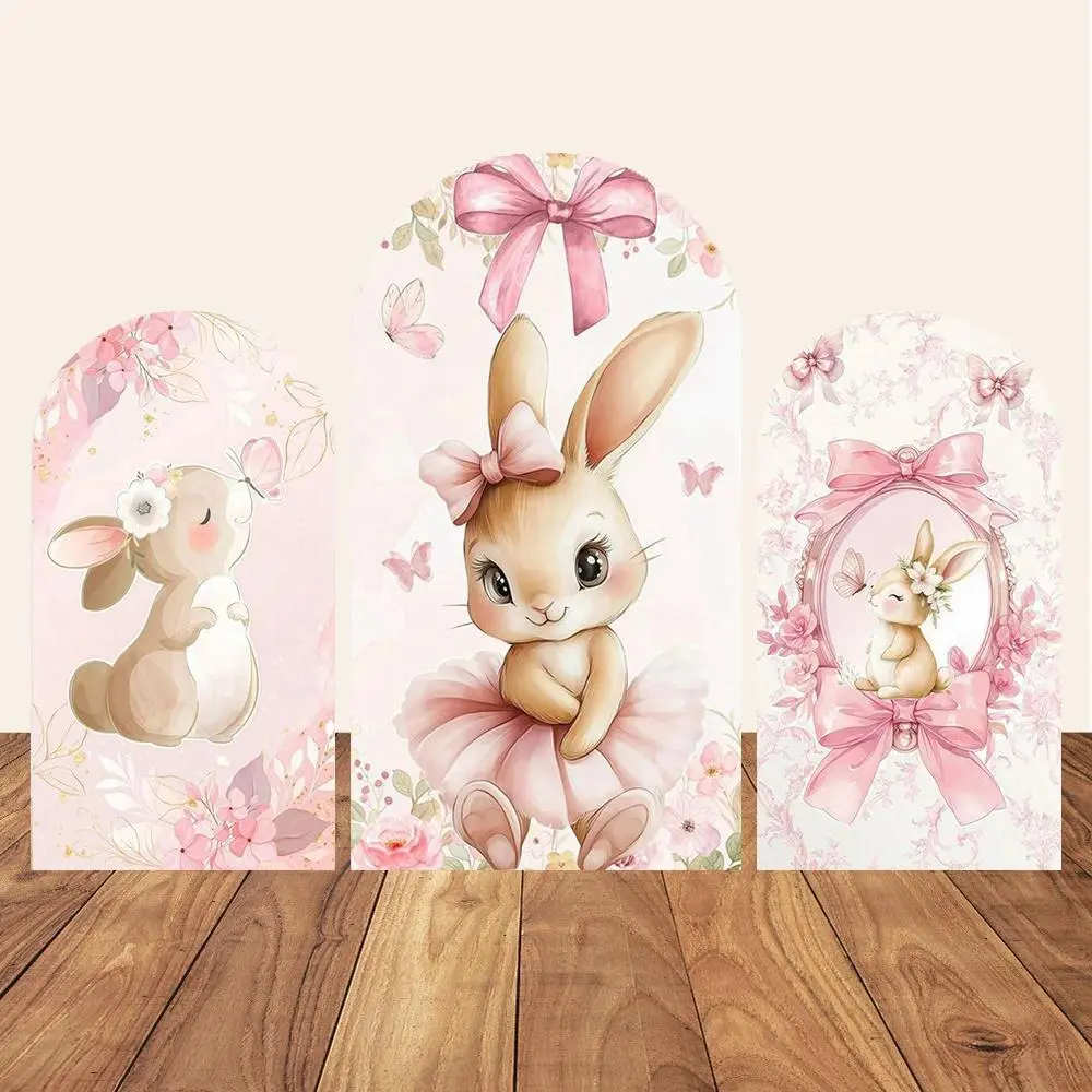 Easter Bunny Rabbit One Birthday Arch Backdrop Cover Pink Dress Floral Bowknot Sweetheart Girl Cake Party Decor Photo Wall