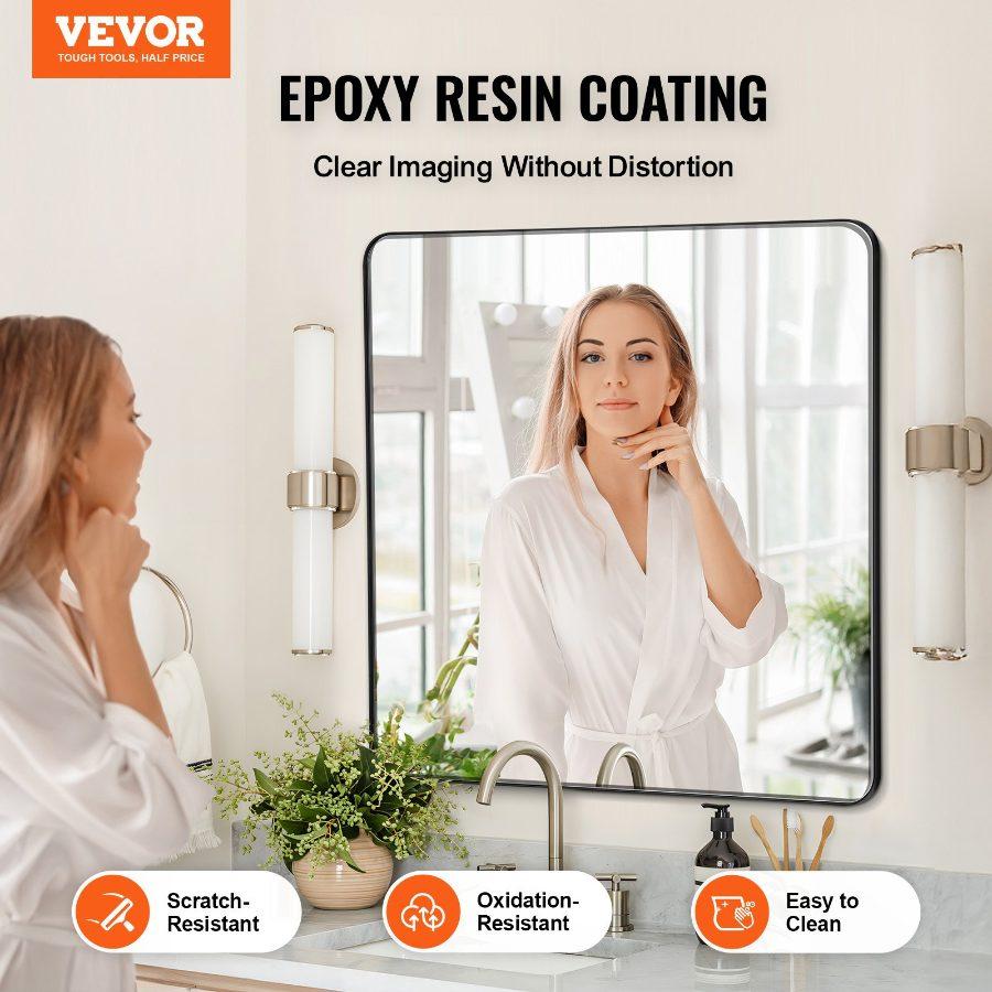 VEVOR Wall Mounted Makeup Mirror, 0.15 Thick, 36x 36 Mirror with Aluminium Alloy Frame Explosion-Proof Film, Scratch-Resistant Mirror with Z-Shaped Bracket, Fit for Bathroom/Bedroom/Living Room