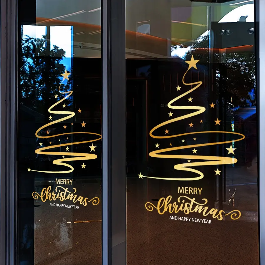 1 piece of 45cm*60cm Christmas electrostatic window stickers, simple gold line Christmas tree stars electrostatic glass stickers, suitable for shopping malls and shops holiday activities layout, home living room balcony floor-to-ceiling window decoration.