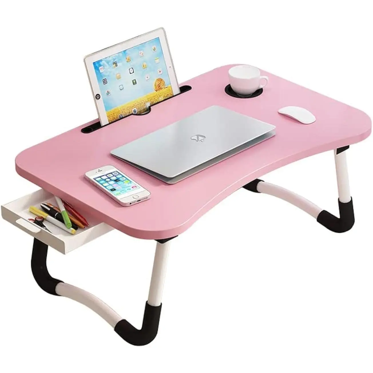 Lap Desk with Storage Drawer, Holders for Cup and Tablet for Kids and Adults, Tray Table with Foldable Legs, Laptop Bed Stand, Portable Standing Table for Sofa Couch Floor (23.6", Pink)