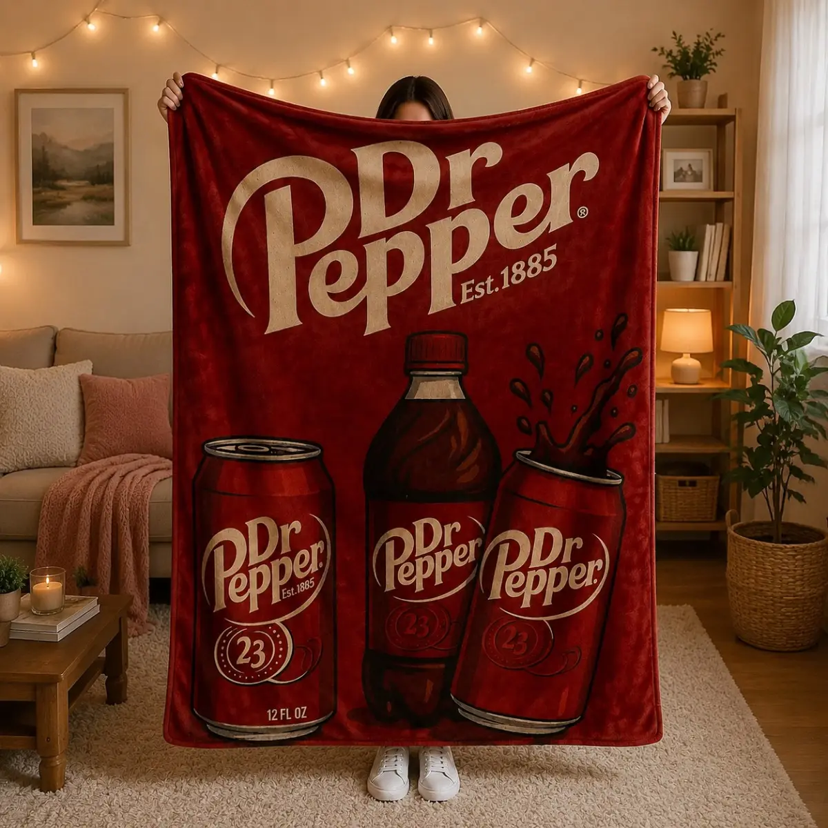 Vintage Red Dr Pepper Bottle And Can Flannel Throw Blanket, Retro Est.1885 Logo Print Soft Lightweight Blanket, Multi-use Cover for Bed Sofa Office Travel, Perfect Christmas Birthday Valentine Gift For Soda And Dr Pepper Fans