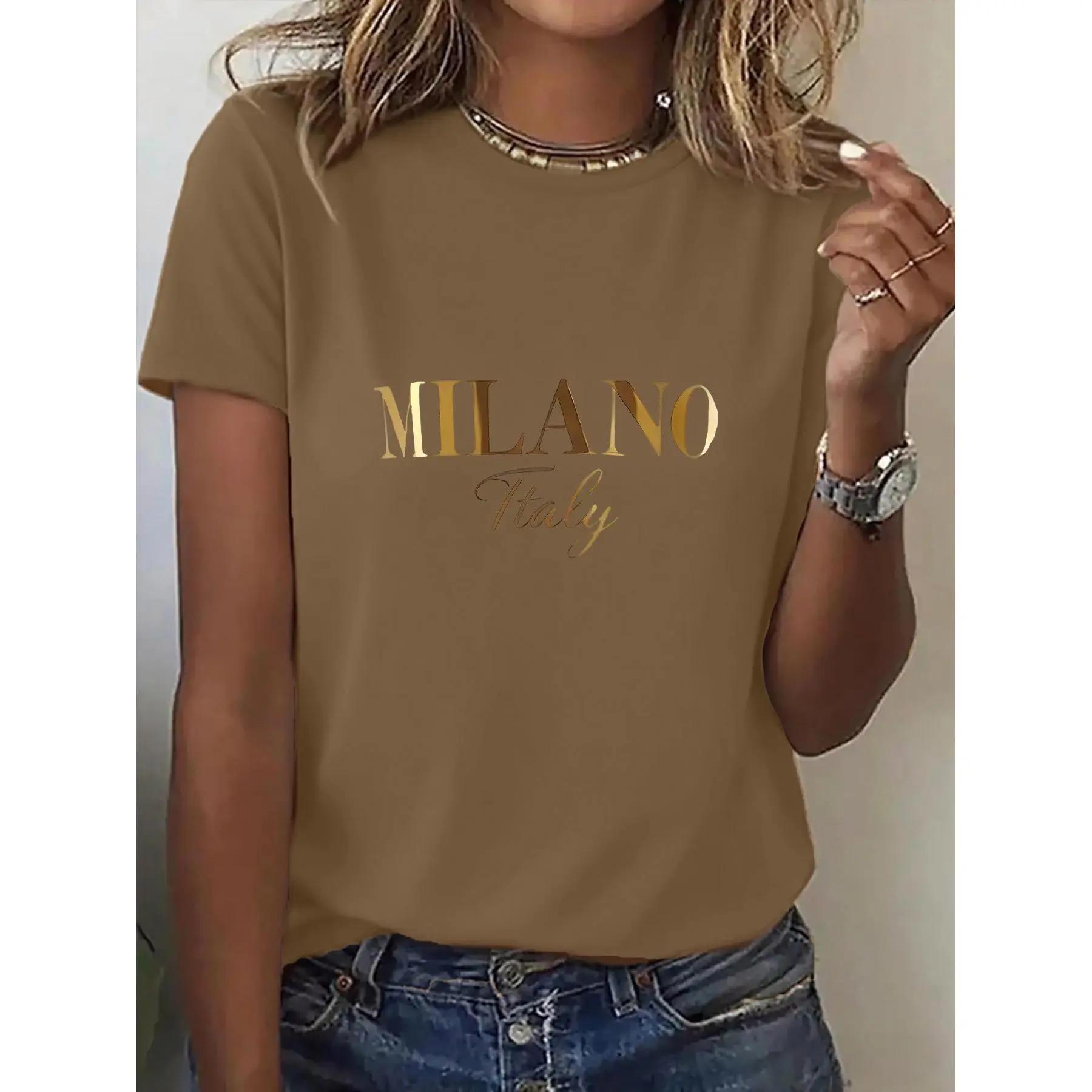 A New Autumn Women'S Casual T-Shirt Featuring a One-Piece Design with Golden Letter Prints from MILANO Italy. This Short-Sleeve Shirt Is Comfortable And Suitable for Running And Sports, Combining Fashion, Elegance, And a Fun. It Is Soft, Breathable