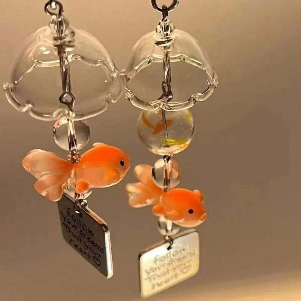 Colorful Goldfish Transparent Glass Keychain - Cute Wind Chime Pendant, Mobile Phone Lanyard, Backpack & Purse Decorative Chain for Family & Friends, Blue Fish Clover B Design (No Customization As Shown)