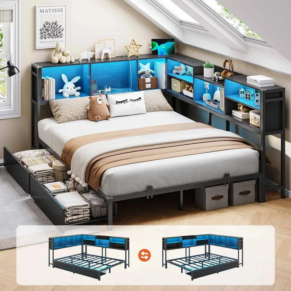 SIKAIC Full Size Daybed with Charging Station and LED Lights, Black Platform Bed Frame with USB Ports