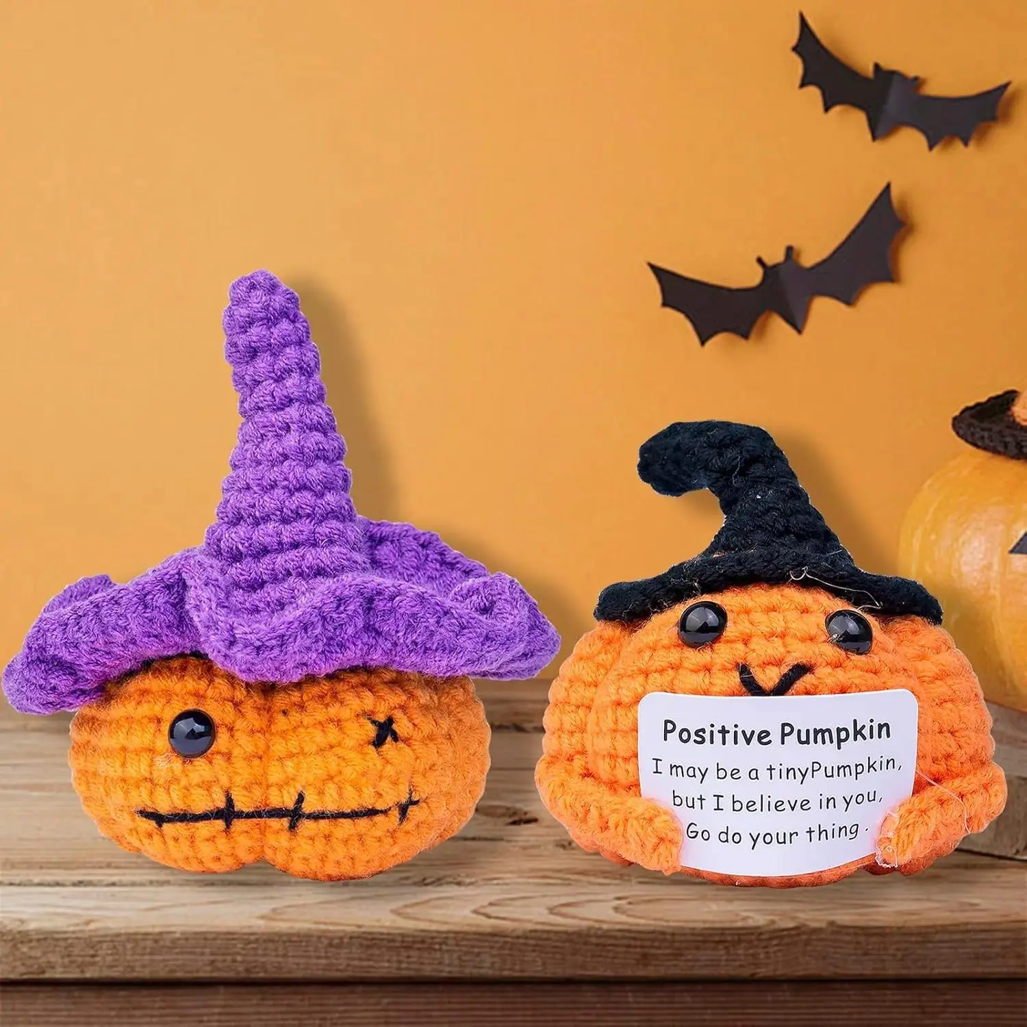 Crochet Pumpkin Doll With Positive Message Card, Handmade Knitted Plush Ornament, Soft Yarn Desk Decor for Home, Office, Shelf Display and Thoughtful Gift Giving