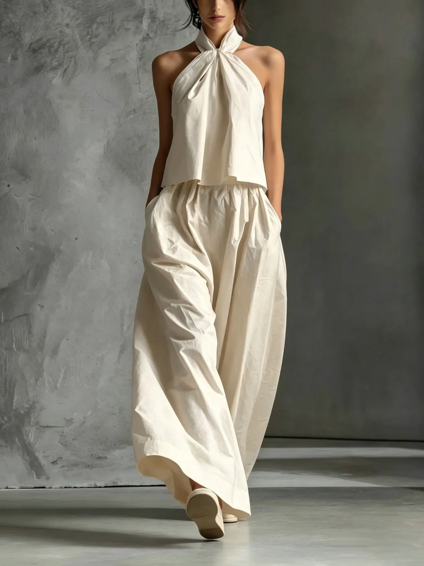 Women's Two-Piece Set, Sleeveless Halter Neck Top and Wide Leg Loose Pants, Summer, Casual Chic Fashion, Comfortable and Stylish, Clothes