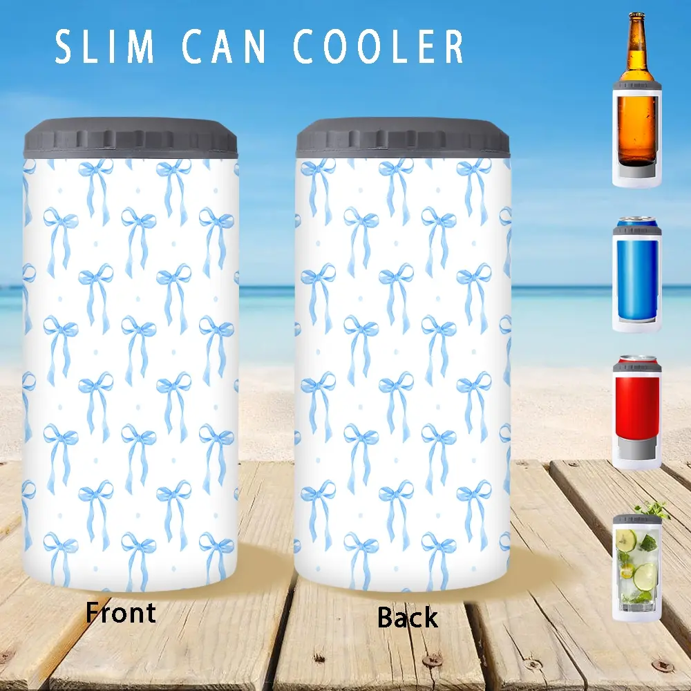1pc/12oz/350ml,Slim Can Cooler,Insulators,Doucle-Walled Stainless Steel Insulated Slim Cans,2-in-1 Insulated Can Cooler Cup,Light Blue Bow Pattern Surprise Birthday And Christmas Gifts For Family And Friends,holiday party supplies