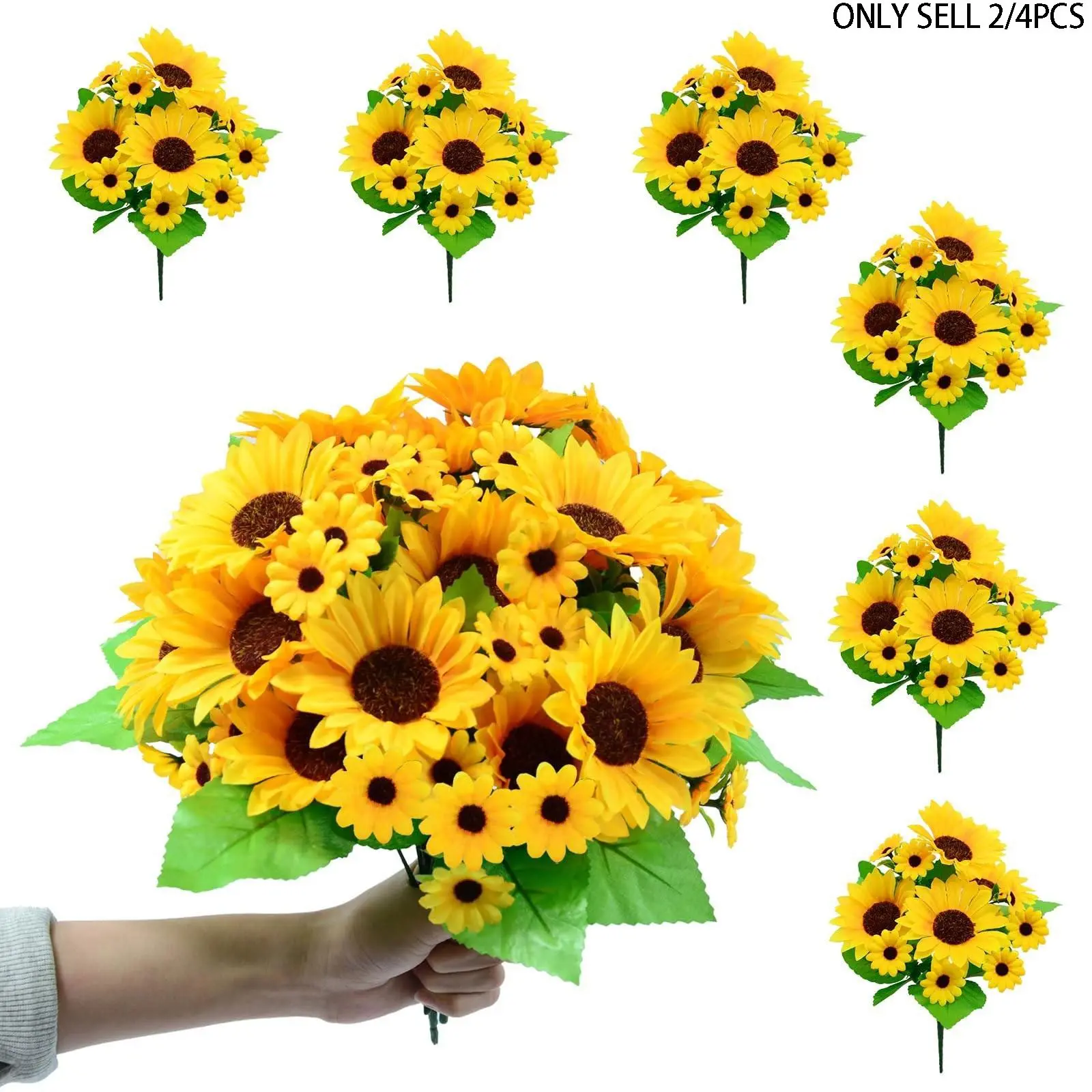 Artificial Sunflower Bouquet – 2 or 4 Pack | 7 Stems per Bunch for Wedding, Home, Cemetery & Fall Decor, Artificial Decorative Flowers