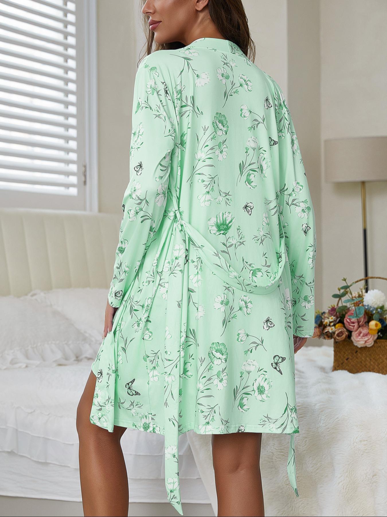 Women's Floral Print Belted Robe & Cami Nightdress Two-piece Set, Casual Comfy Lounge Set for Women, Ladies Sleepwear for All Seasons, Loungewear