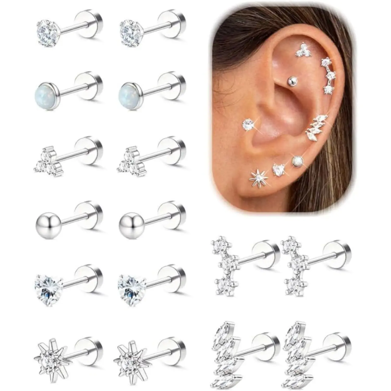 ORAZIO Hypoallergenic Flat Back Earrings 14K Plated Gold Cartilage Earring Stacks Surgical Stainless Steel Earrings For Sensitive Ears Women Helix Conch Tragus Piercing Jewelry Flatback Stud Earring Set