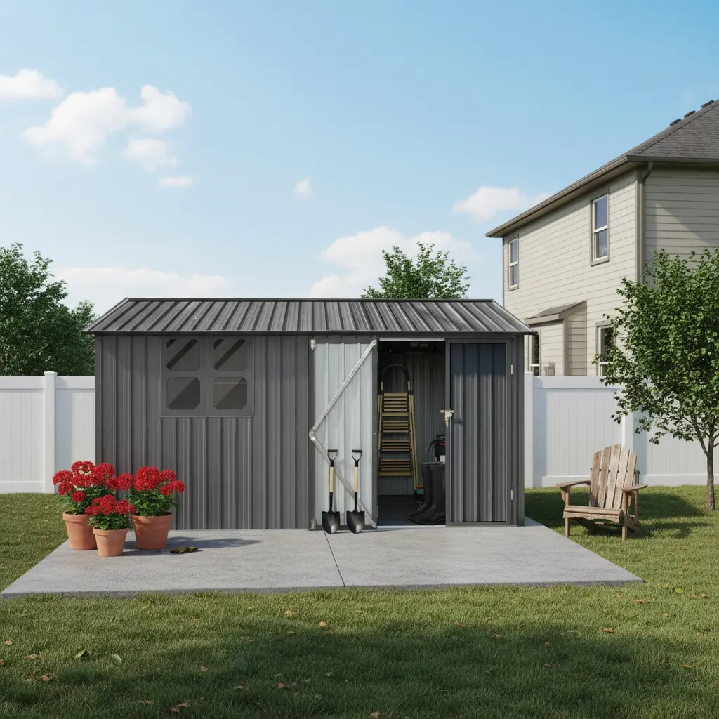 Nokka 12x10 Ft Metal Garden Shed Outdoor Storage Shed with Window, Grey Apex Roof Steel Building with Shelves, Foldable Worktable, Lamp Hanging Hole, Hinged Door & Padlock for Backyard Patio Lawn Tool Storage, Grey Color Options, Metal Material
