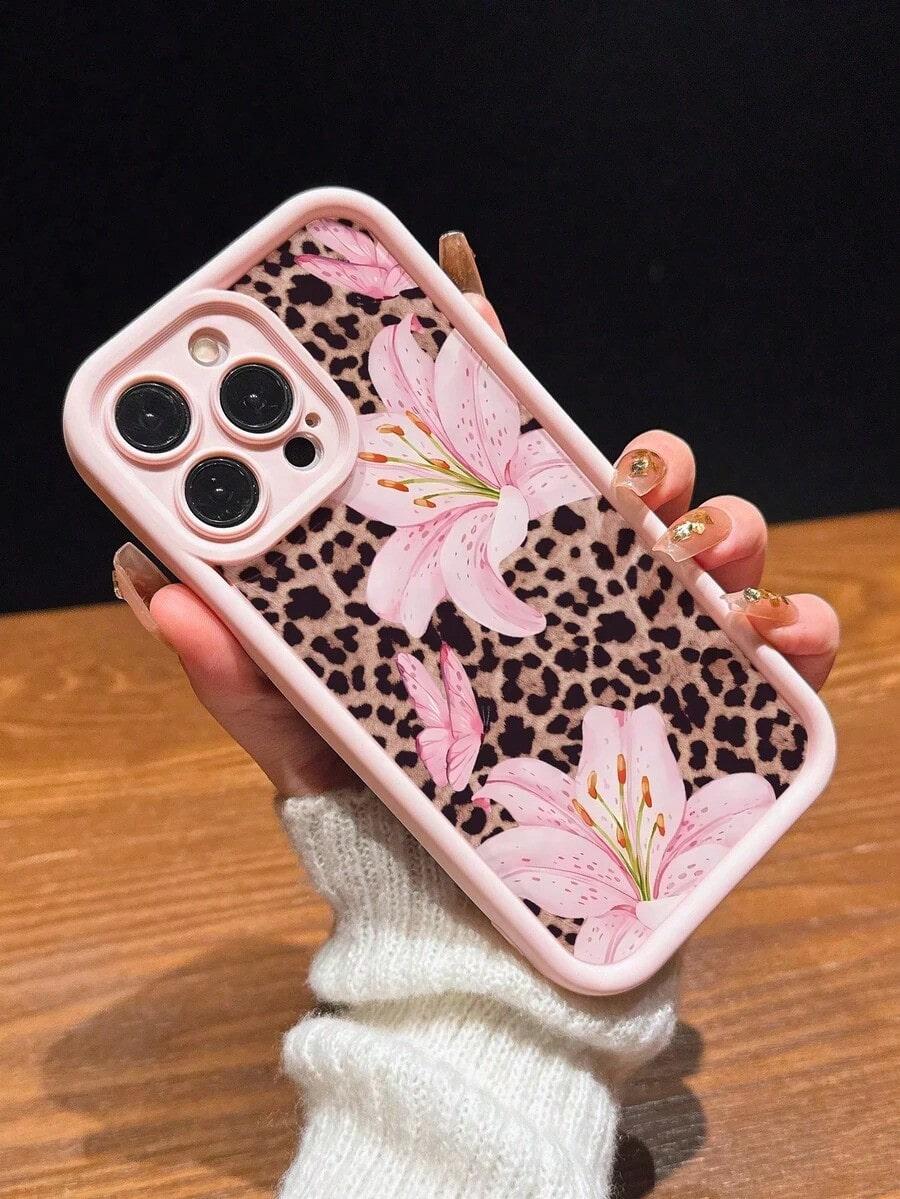 Cute Pink Lily Flower & Leopard Print Case for iPhone 17 Pro Max 16 16e 15 14 Plus 13 12 Mini 11 Air X XS Pattern Soft TPU Rubber Camera Protection Rugged Mobile Phone Cover Gift 2D printing Cellphone Protective
