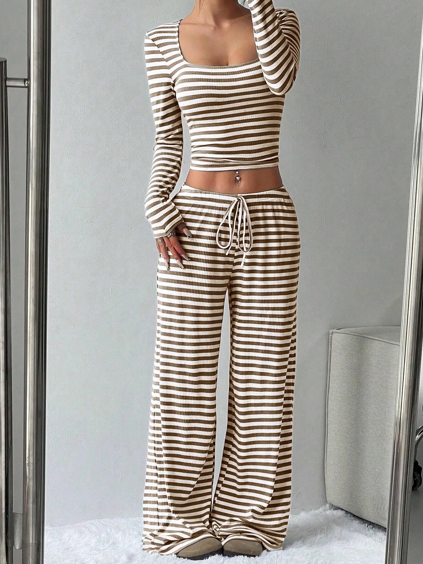 Women's Striped Minimalist Long Sleeve Top + Wide Leg Pants Set, Casual Fashion, Comfortable Everyday Wear, Stylish and Trendy