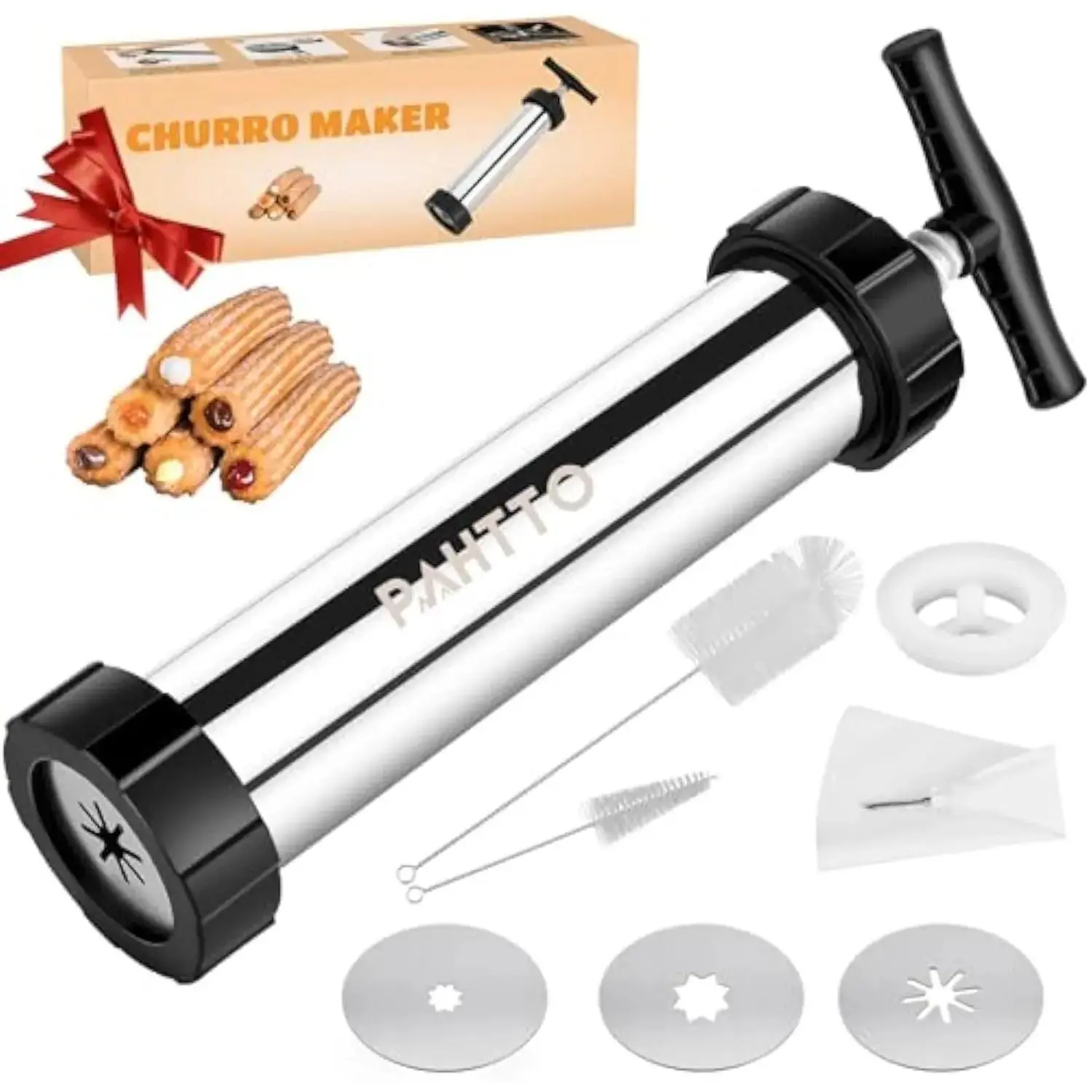 Stainless Steel Hollow Churro Machine, Churro Maker Gun with Piping Bag and 2 Cleaning Brushes, 4 Nozzles for Various Shapes, Máquina para Hacer Churros, Perfect Gift