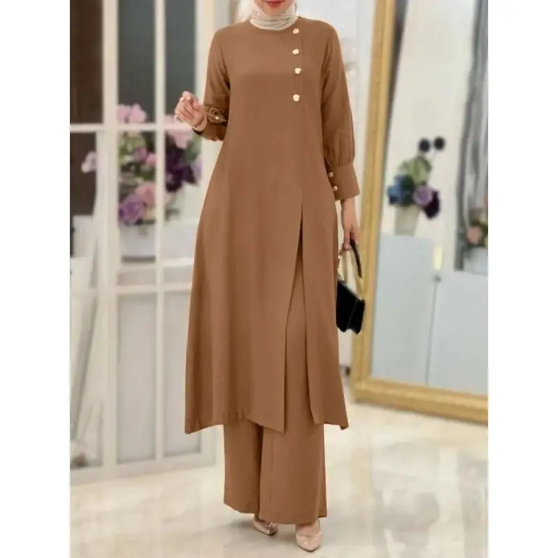 Muslim 2026 New Solid Color Long-Sleeve Draped Wide-Leg Pants Elegant Abaya Two-Piece Set
