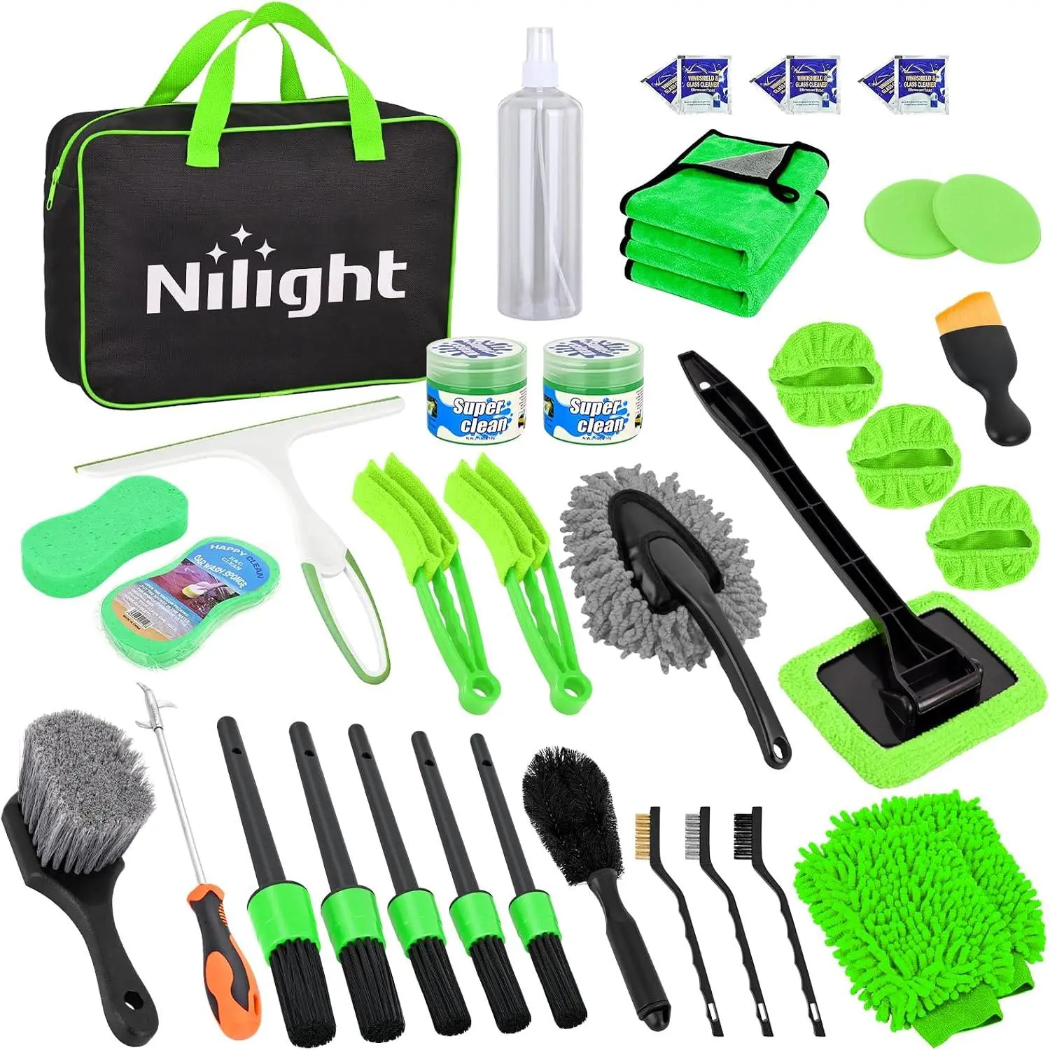 Nilight 37PCS Car Detailing Kit Auto Cleaning Tools Wash Set with Storage Carry Bag Home Use for Interior Exterior Deep Clean Car Care Windshield Dashboard Seat Air Vents Wheels Tires, Green, Christmas, Car Accessories
