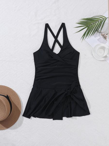 Women's 2 in 1 Criss Cross Ruched Knot One-Piece Swimsuit, Solid Color Sleeveless V Neck One-Piece Swimwear for Beach Holiday Vacation, Ladies Swimsuit for All Seasons