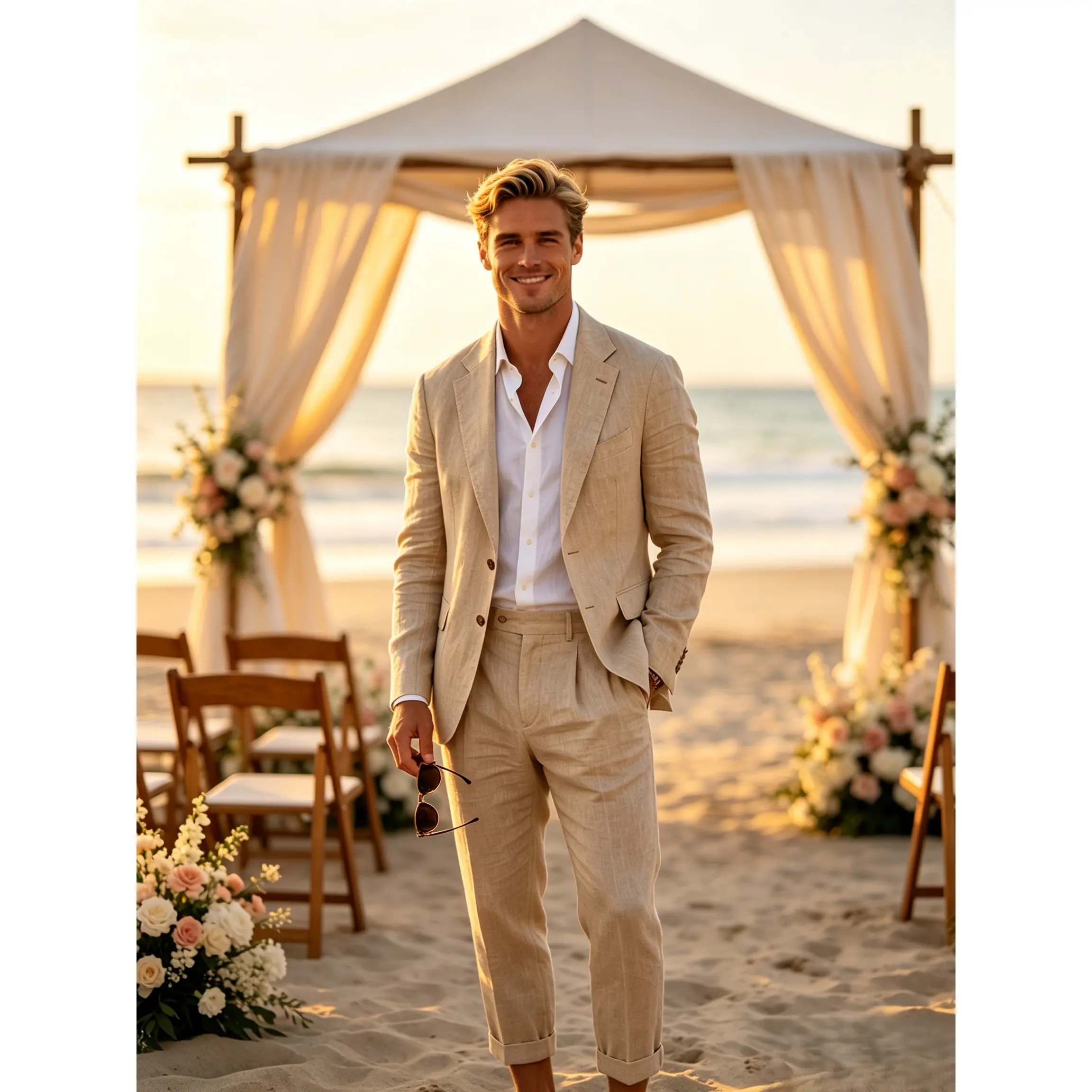 Men 2 Piece Linen Suit Set, Lightweight Casual Blazer & Ankle Pants, Summer Breathable Outfit For Beach Wedding Business Vacation Beige Plain