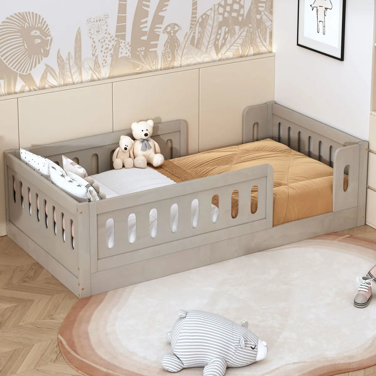 Natural Wood Twin Platform Bed with Semi-Enclosed Guardrail, Pine Wood & MDF Frame, Low to Ground Design, No Box Spring Needed, Easy Assembly Kids Bed