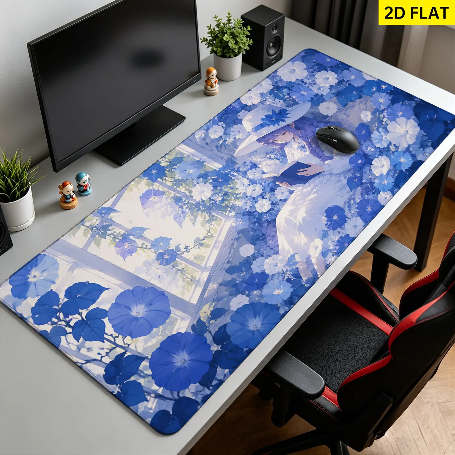 Extra Large blue morning glory flower and aesthetic reading lady Mouse Pad,Non Slip Rubber Pad,Desktop Decoration Drotection Pad,Washable,Lock Edge Multi Size,Premium Multipurpose Mousepad For Home,Office,Gift for Family and Friends