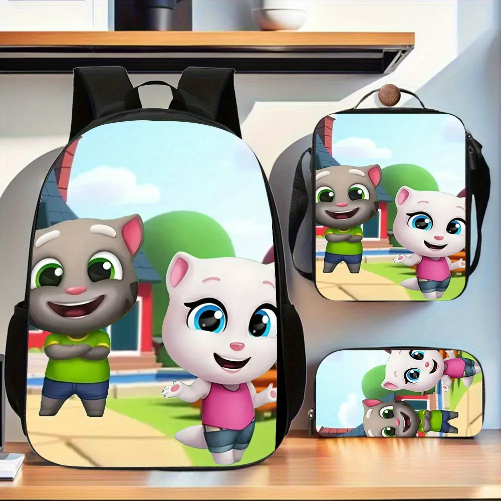 3-Piece Kids' Backpack Set, Water Resistant 600D Oxford School Bag with Cartoon Kitten Print, PEVA Insulated Lunch Box for School Lunches & Pencil Case, Padded Adjustable Shoulder Straps, Fits 15-Inch Laptop, Top Handle, Snacks, 1-3 Cm Size Variation, 15-
