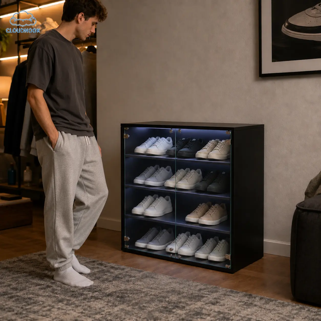 Shoe Box with RGB LED Light, Wooden Stackable Shoe Storage Box with Glass Door, Shoe Storage Bin Shoe Display Case for Sneakers (4 Tier-1)