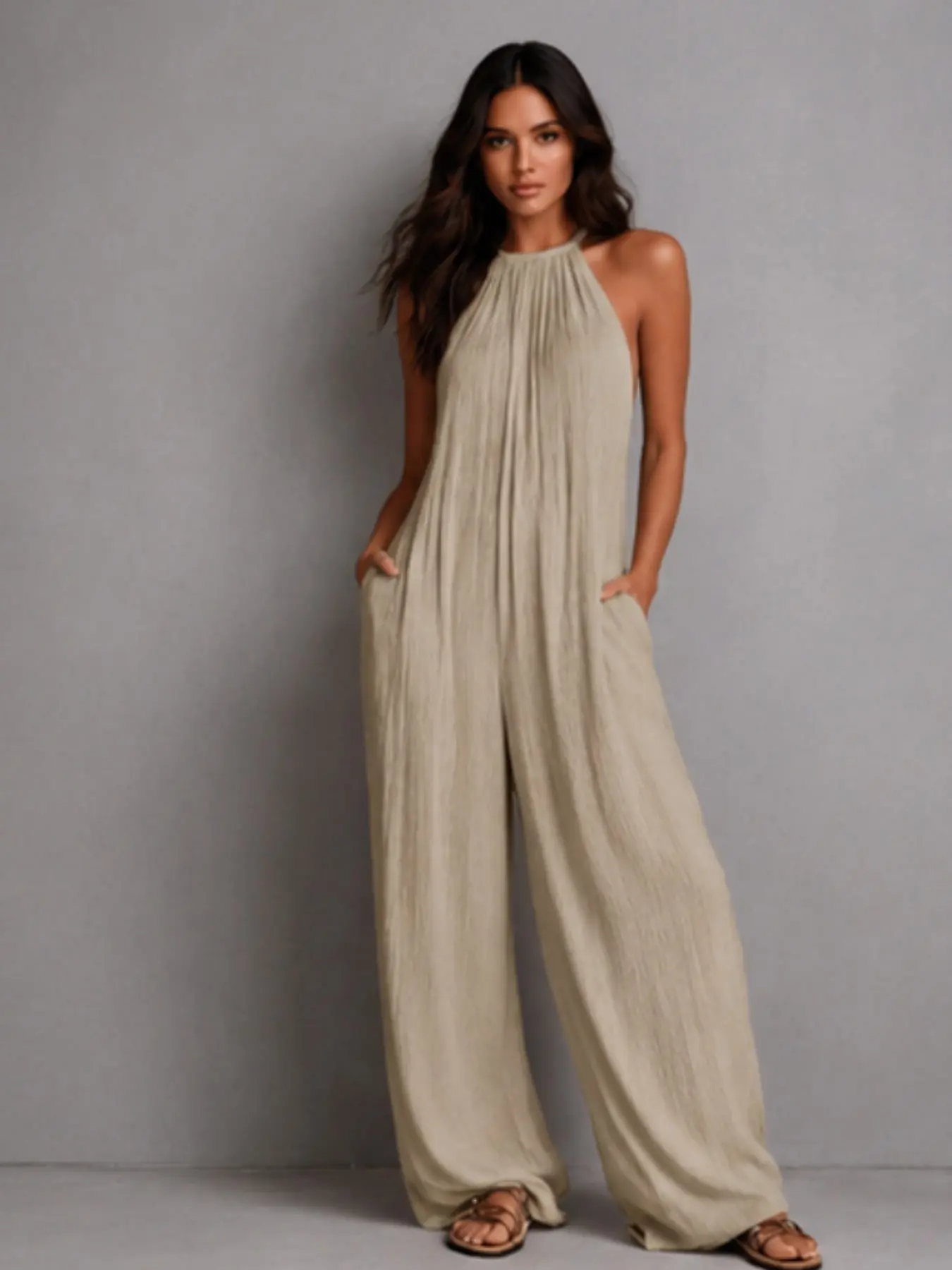 Breathable Crinkled Halter Wide Leg Jumpsuit with Pockets, Flowy Comfy Summer for Vacation Beach, Casual Daily Outing