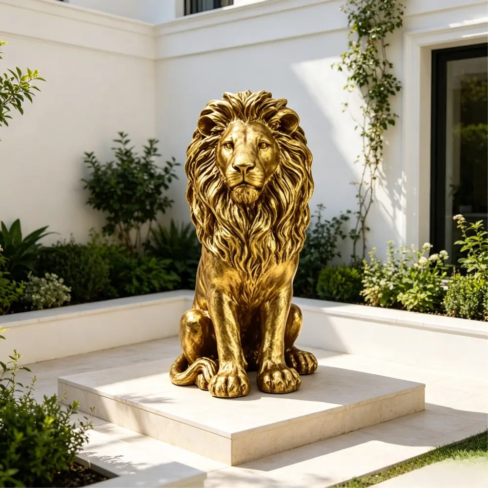 24 Inch Golden Sitting Lion Statue, Weatherproof Resin Guardian Sculpture, Majestic Animal Decor for Villa, Garden, Patio & Resort, Patriotic Independence Day Floor Ornament, Speciality Statue Figurine Symbolizing Protection & Good Fortune