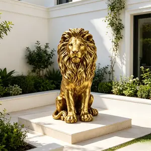 24 Inch Golden Sitting Lion Statue, Weatherproof Resin Guardian Sculpture, Majestic Animal Decor for Villa, Garden, Patio & Resort, Patriotic Independence Day Floor Ornament, Speciality Statue Figurine Symbolizing Protection & Good Fortune