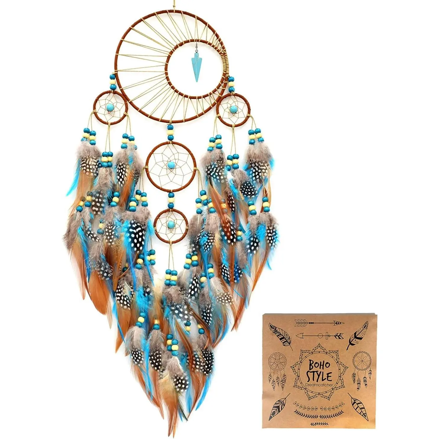 Large Traditional Boho Moon Dream Catcher - Colorful Feathers, Circle Frame, Turquoise Hangable Ornament, Decorative Wall Home Supply Gift for Girls' Nursery (No.34), Boho Theme