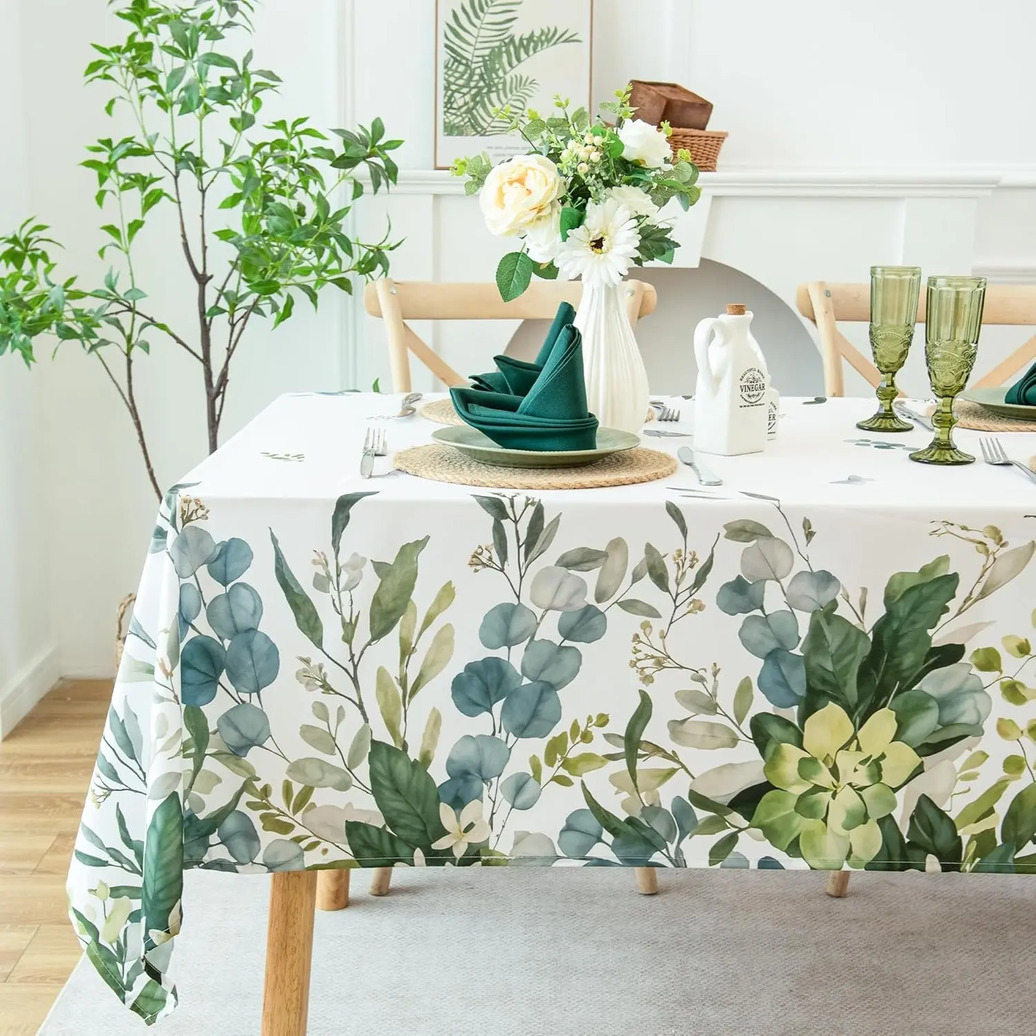 Summer Spring Tablecloth – Waterproof, Stain Resistant, Eucalyptus Floral Design for Dining, Kitchen, Outdoor, Picnic, Easy Clean, Vibrant and Durable Boho Home Decor, W60 x L84