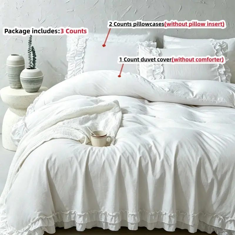 3pcs Princess Style Ruffle Bedding Set, 1 Duvet Cover + 2 Pillowcases, without comforter and pillow insert,Single Twin Double Queen Size, All Seasons, Ruffled Bedding Set