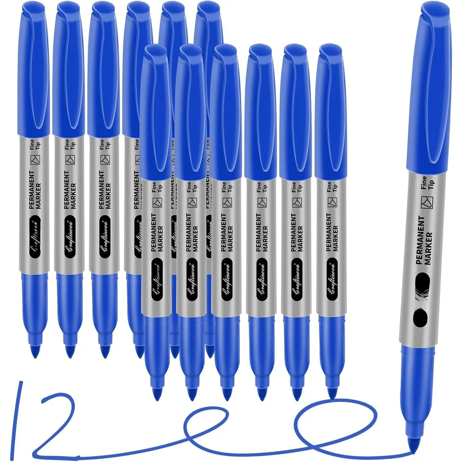 Blue Permanent Marker Bulk, Fine Point Markers Work  Plastic Metal  Glass, , Quick Drying,Fade Resistant, No Smear,  for Classroom, , Office, 12 Count