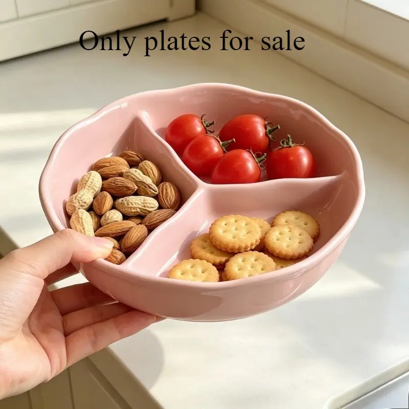 Aesthetic Wavy Rim 3‑Section Ceramic Divided Plate, Multi‑Grid Food Separation Tray For Portion Management, Household Diet Tableware