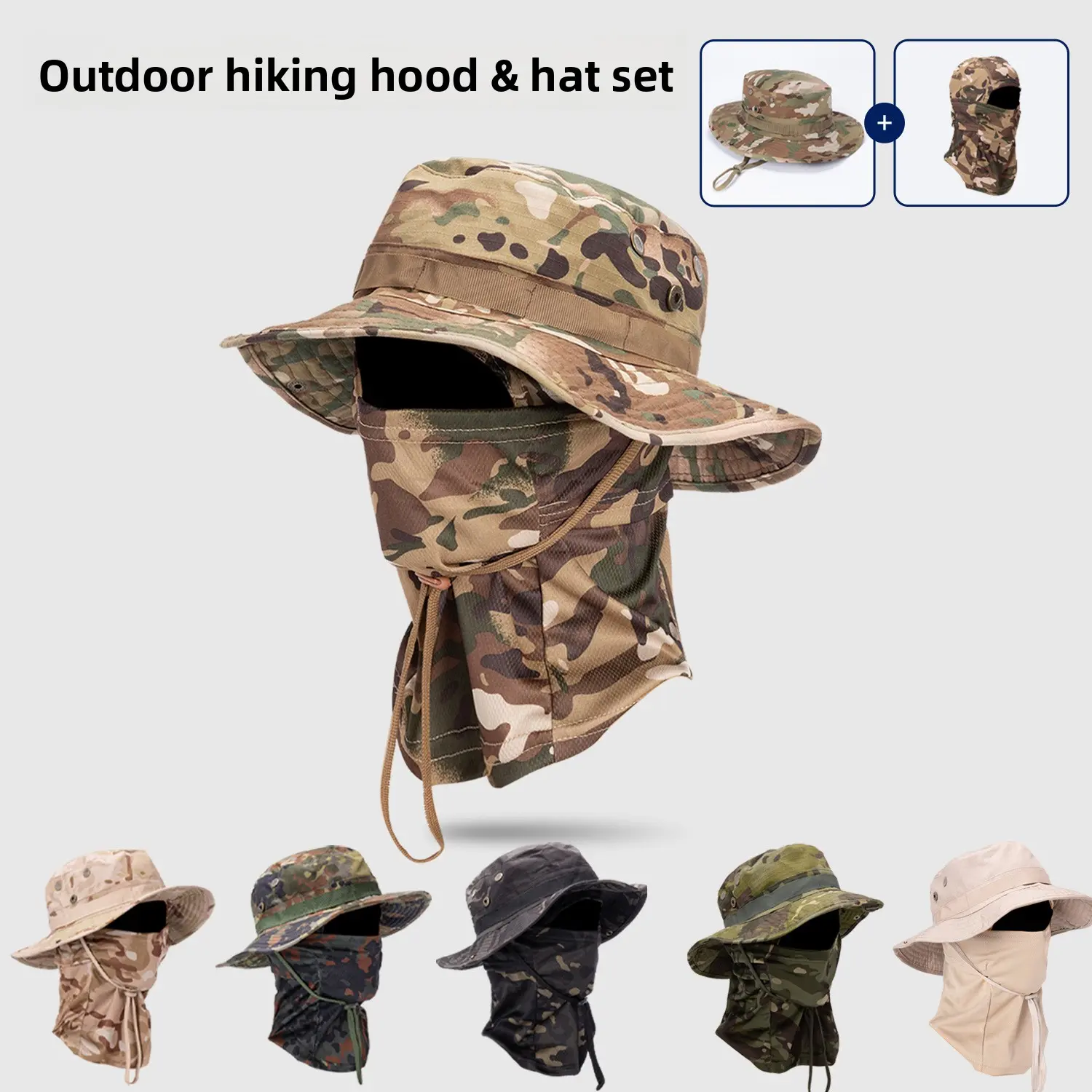 ACU Camouflage Boonie Hat for Adults with Face Mask, Quick-Drying 360° Sun Protection for Outdoor Biking, Fishing & Trail Running, Hiking / Light Outdoor
